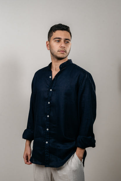 Linen Shirt With A Band Collar