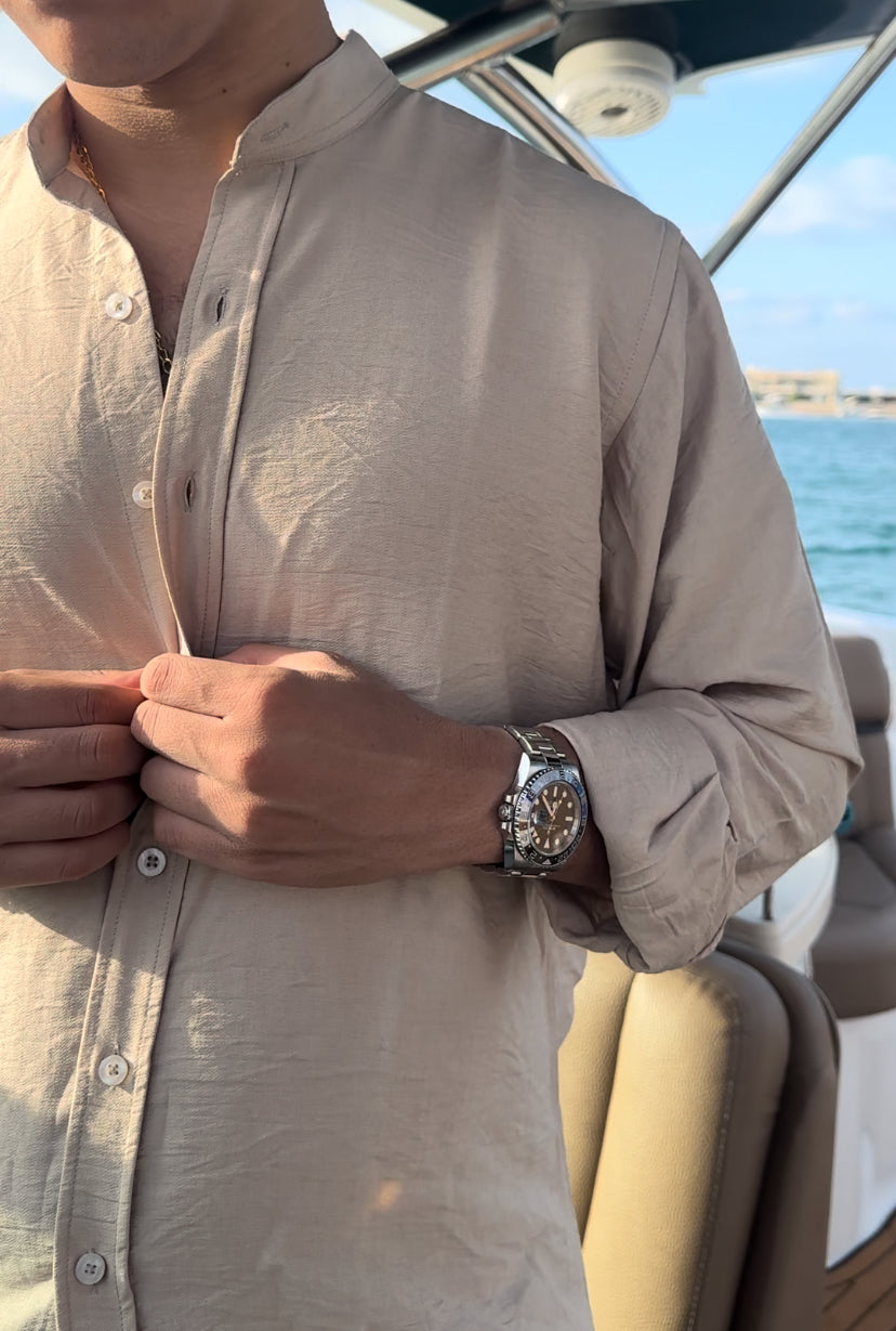 Linen Shirt With A Band Collar