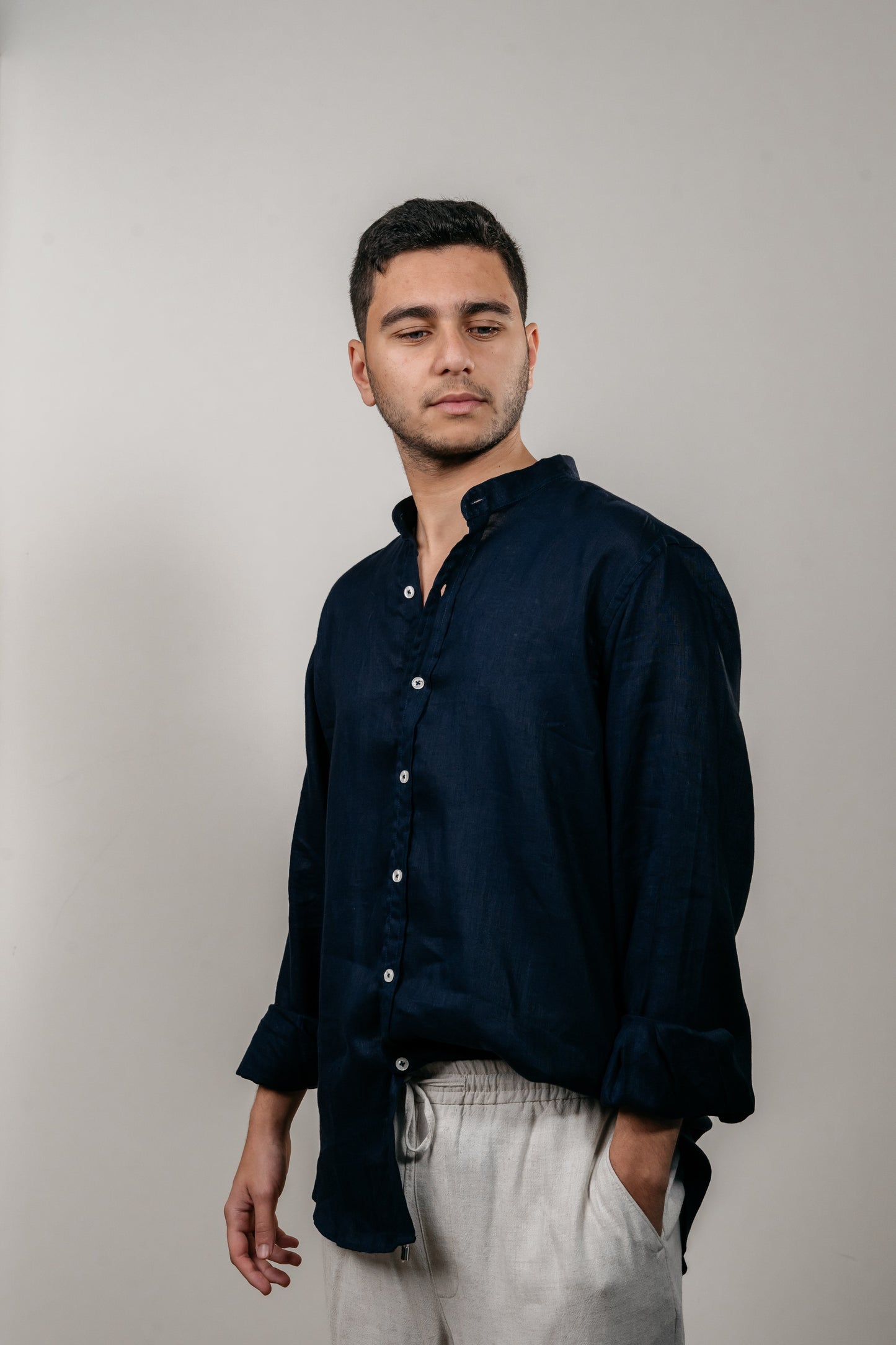 Linen Shirt With A Band Collar